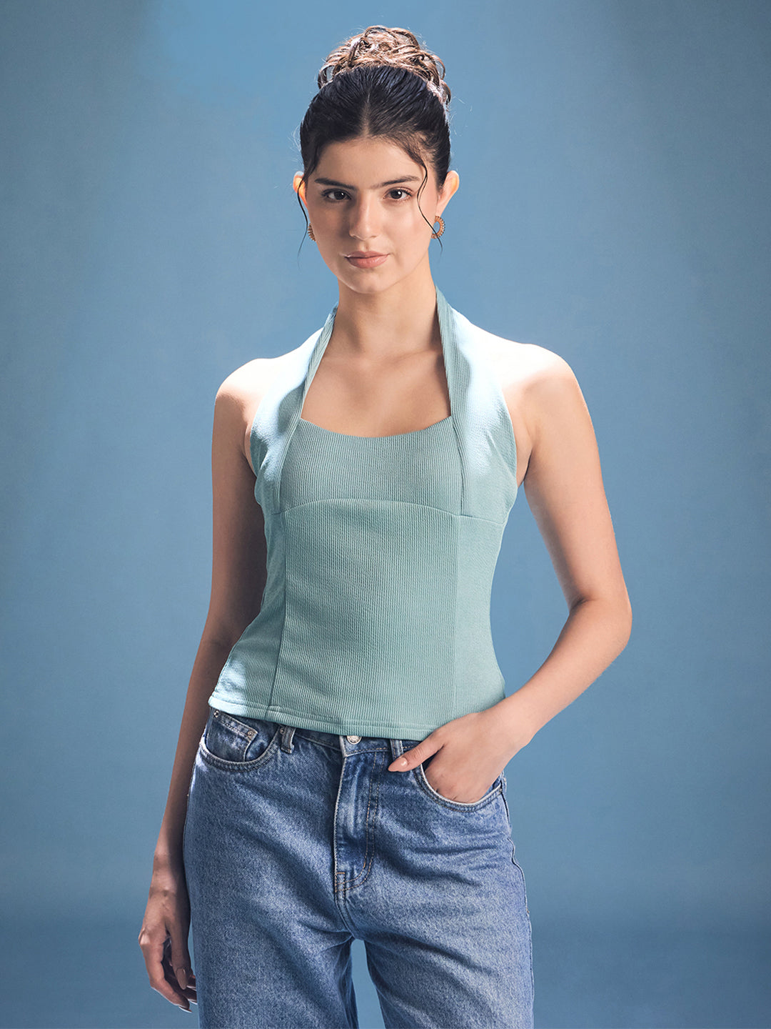 Stretchable Halter Neck Ribbed Top