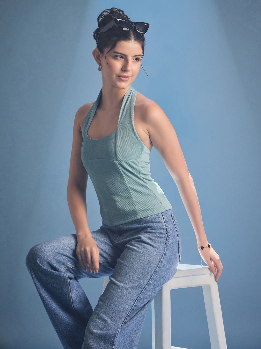 Stretchable Halter Neck Ribbed Top