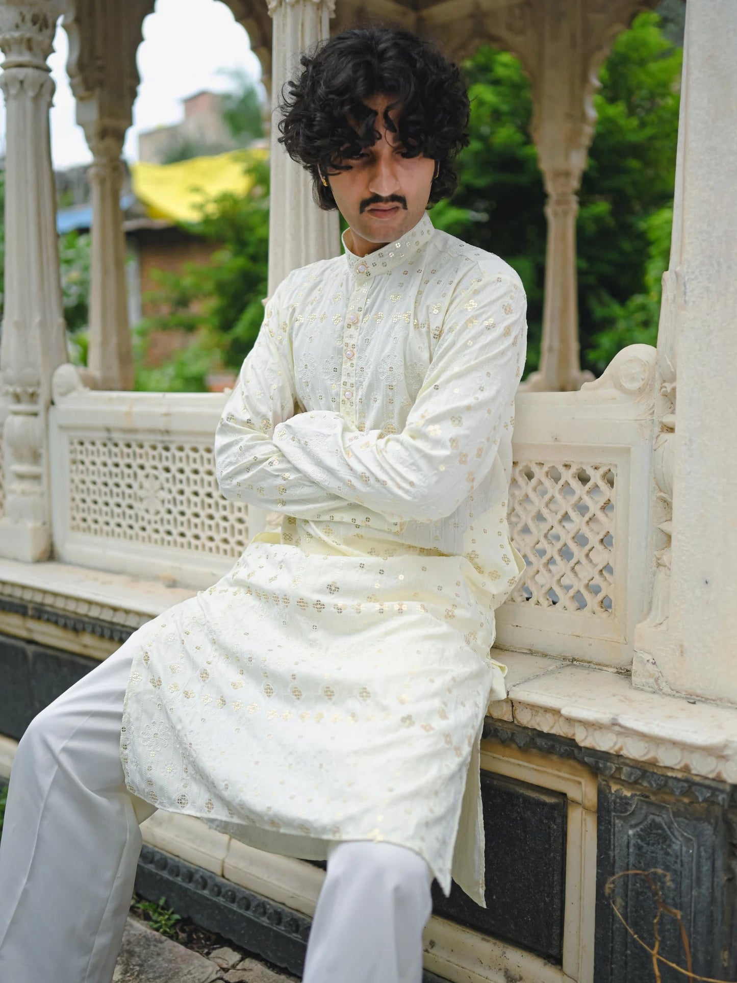 Cream Thread And Mirror Work Long Kurta
