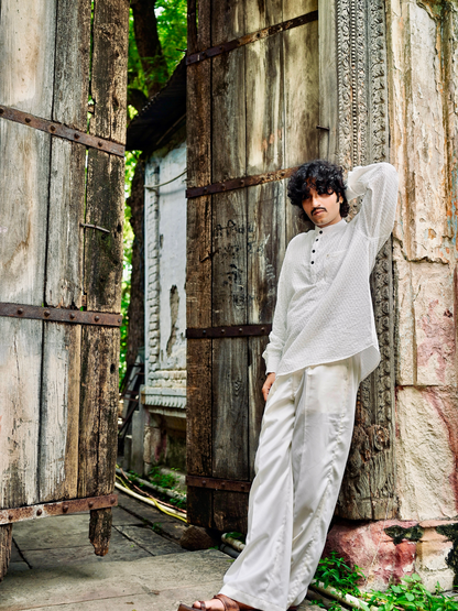 White Texture Weave Short Kurta