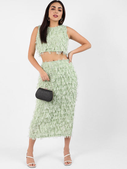 Sea Green Self-Design Crop Top With Midi Skirt