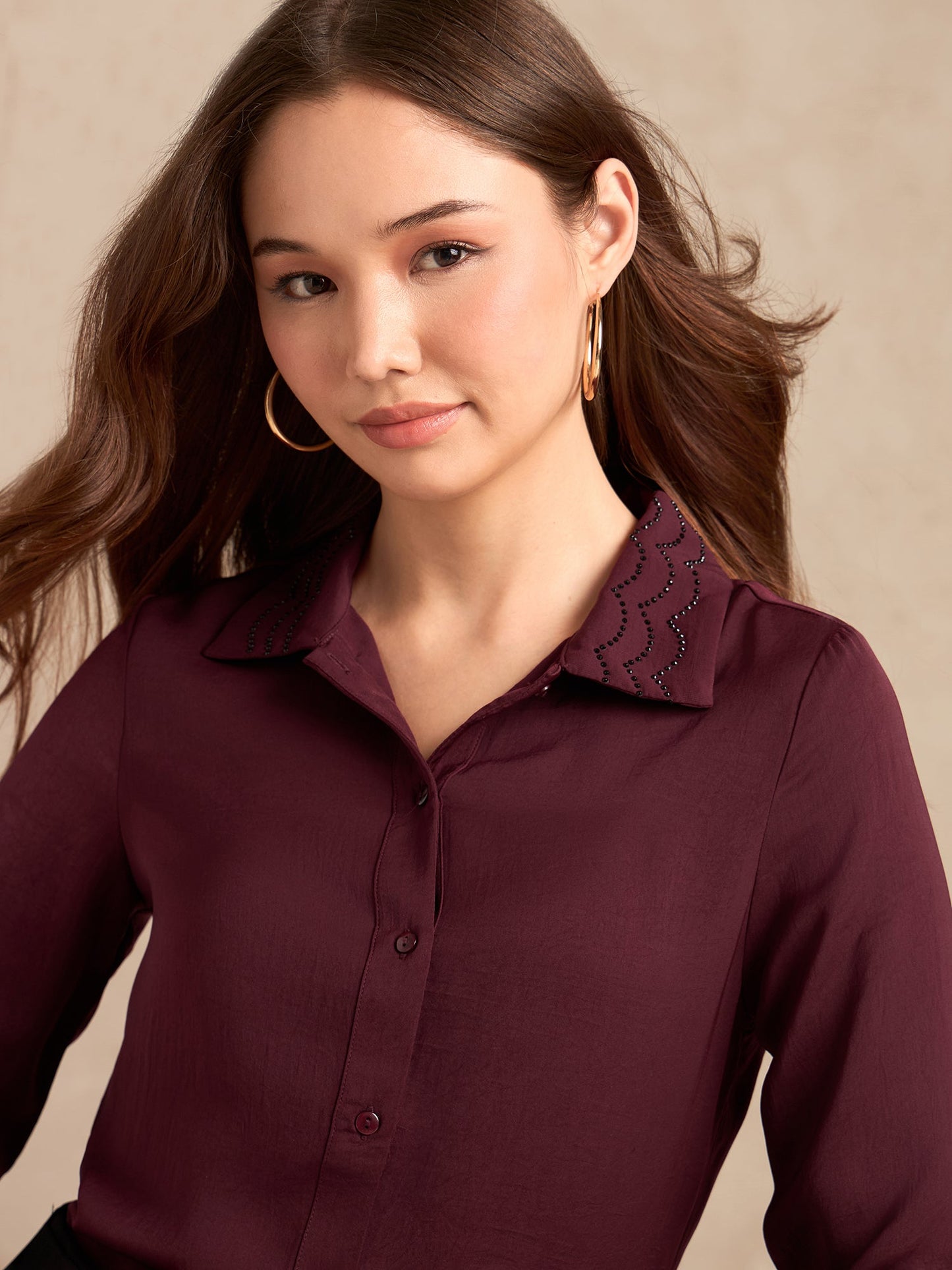 Wine Regular Satin Shirt With Embellished Collar