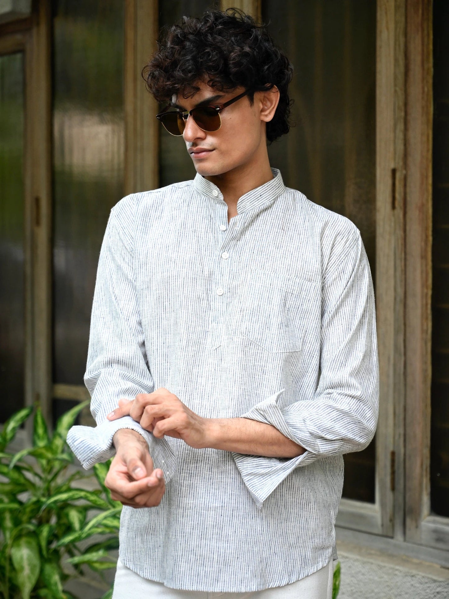 Grey Lining Cotton Yarn Dyed Short Kurta