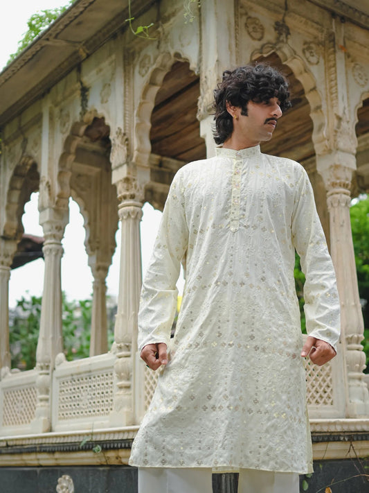Cream Thread And Mirror Work Long Kurta