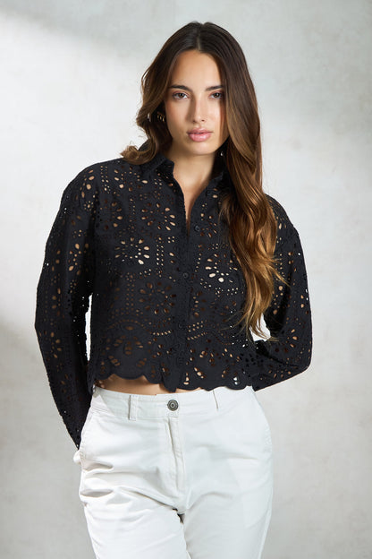 100% Cotton Black Boxy Shirt With Scallop Hem