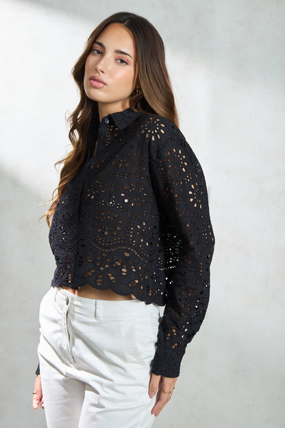 100% Cotton Black Boxy Shirt With Scallop Hem