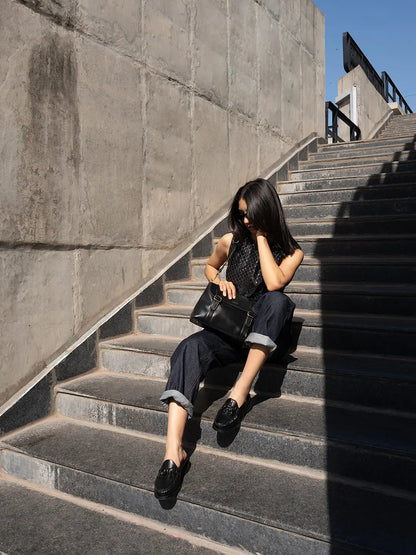 Theater Women Sherlocks Black Leather Tassel Loafers