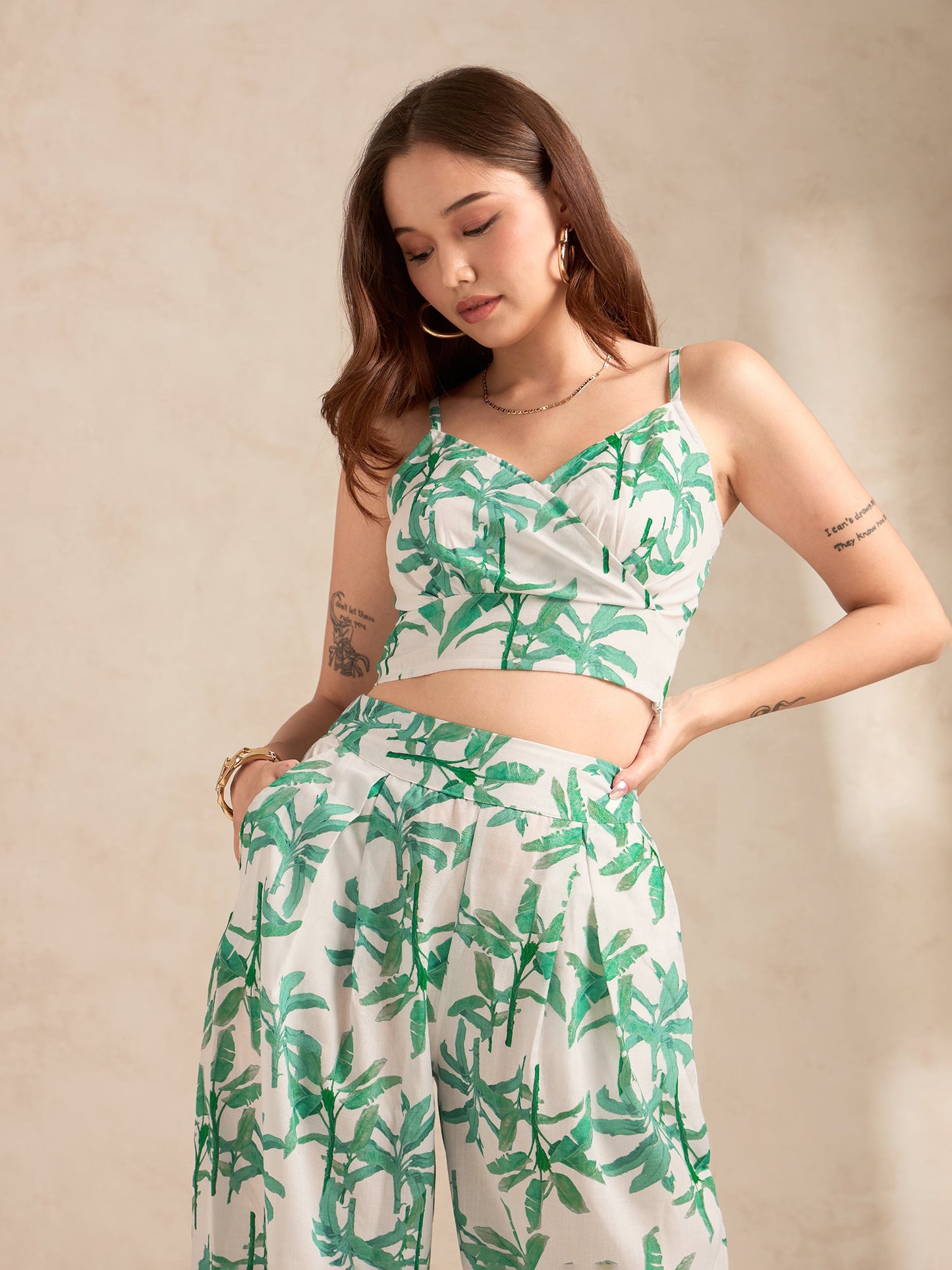 Off White Printed Coord Set With High Rise Wide Leg Trouser