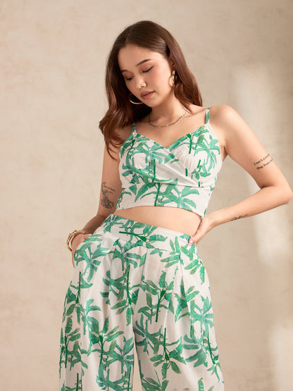 Off White Printed Coord Set With High Rise Wide Leg Trouser