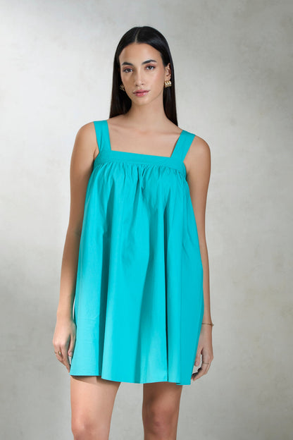 100% Cotton Teal Mini Dress With Broad Strap