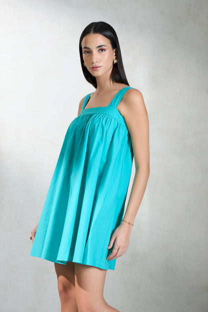 100% Cotton Teal Mini Dress With Broad Strap