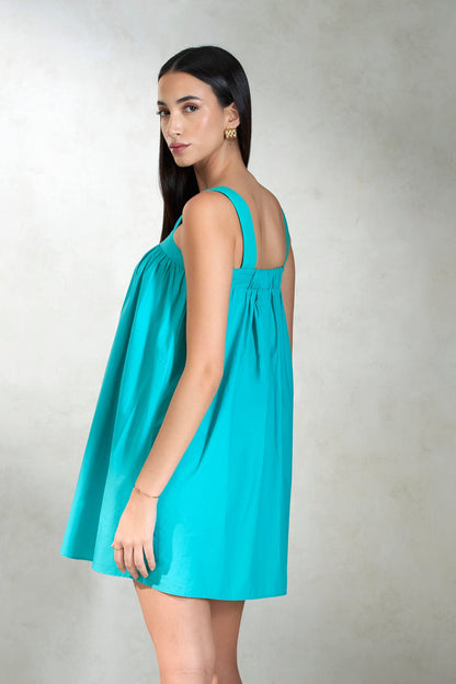 100% Cotton Teal Mini Dress With Broad Strap