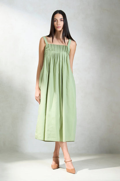 100% Cotton Front Pleated Smocked Midi Dress