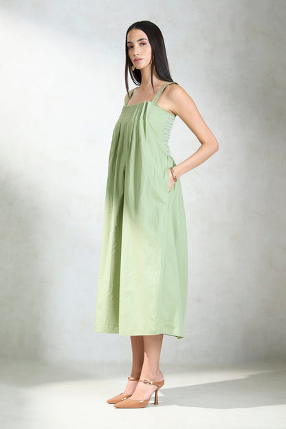 100% Cotton Front Pleated Smocked Midi Dress