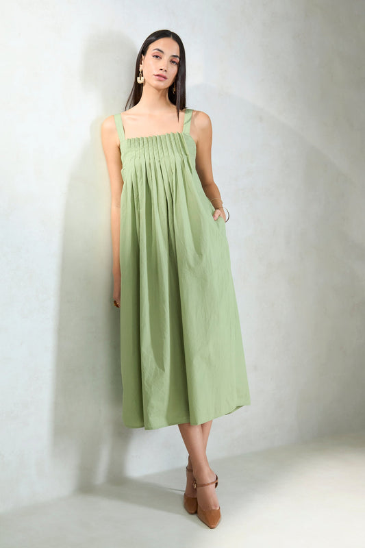 100% Cotton Front Pleated Smocked Midi Dress