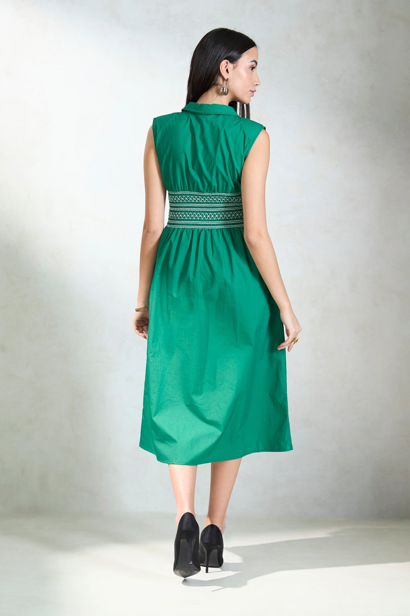 100% Cotton Waist Smocked Midi Dress