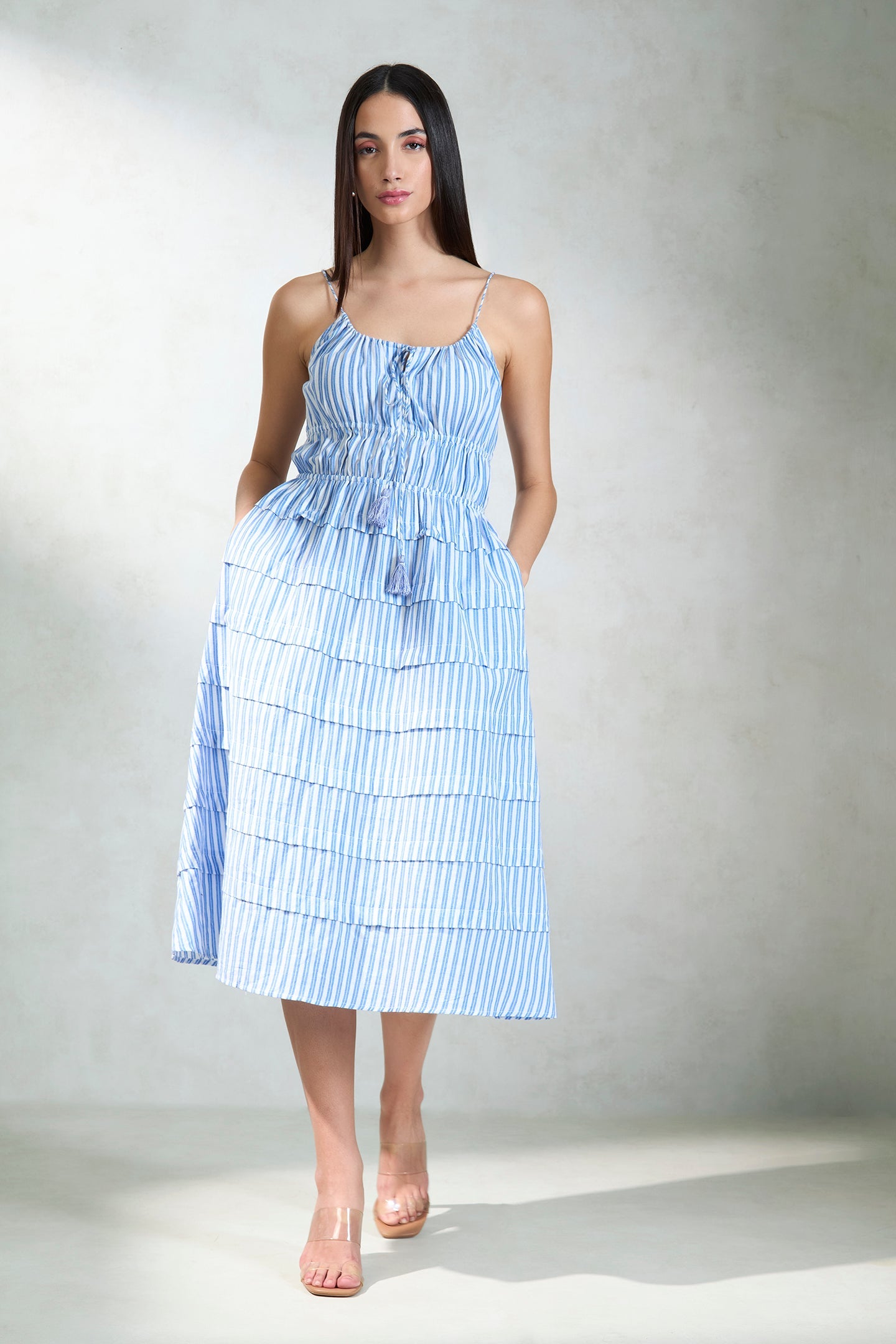 100% Cotton Blue Striped Tiered Midi Dress