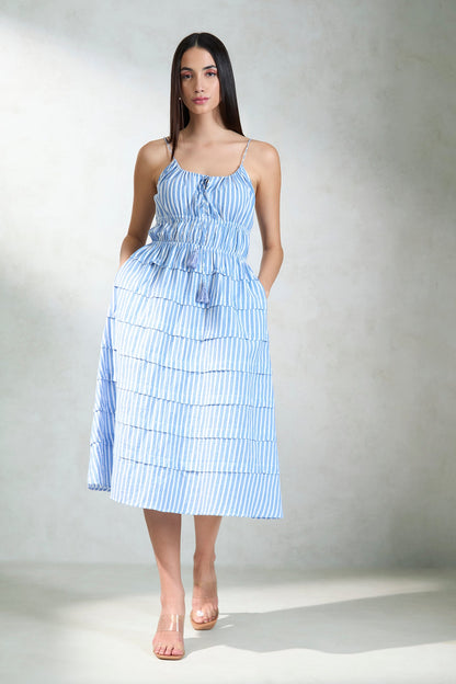 100% Cotton Blue Striped Tiered Midi Dress