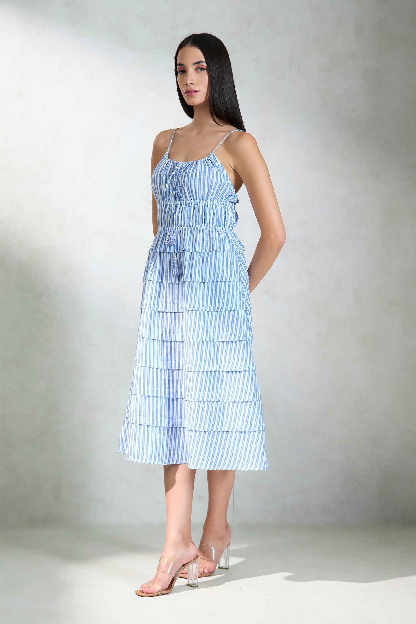100% Cotton Blue Striped Tiered Midi Dress