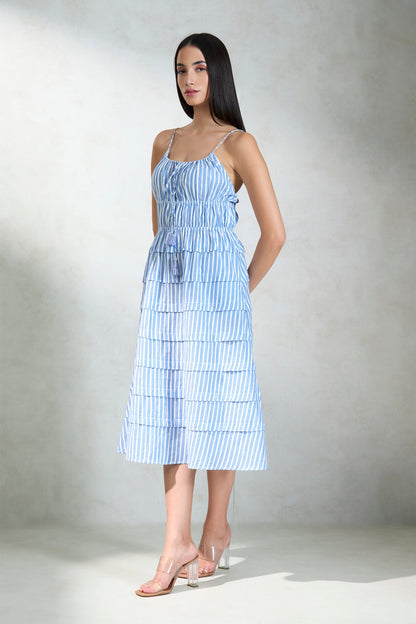 100% Cotton Blue Striped Tiered Midi Dress