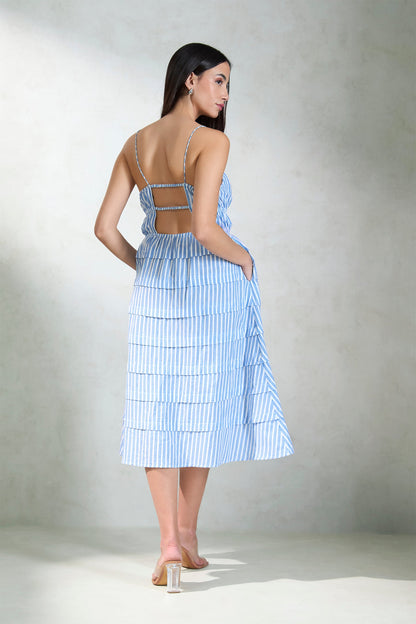 100% Cotton Blue Striped Tiered Midi Dress