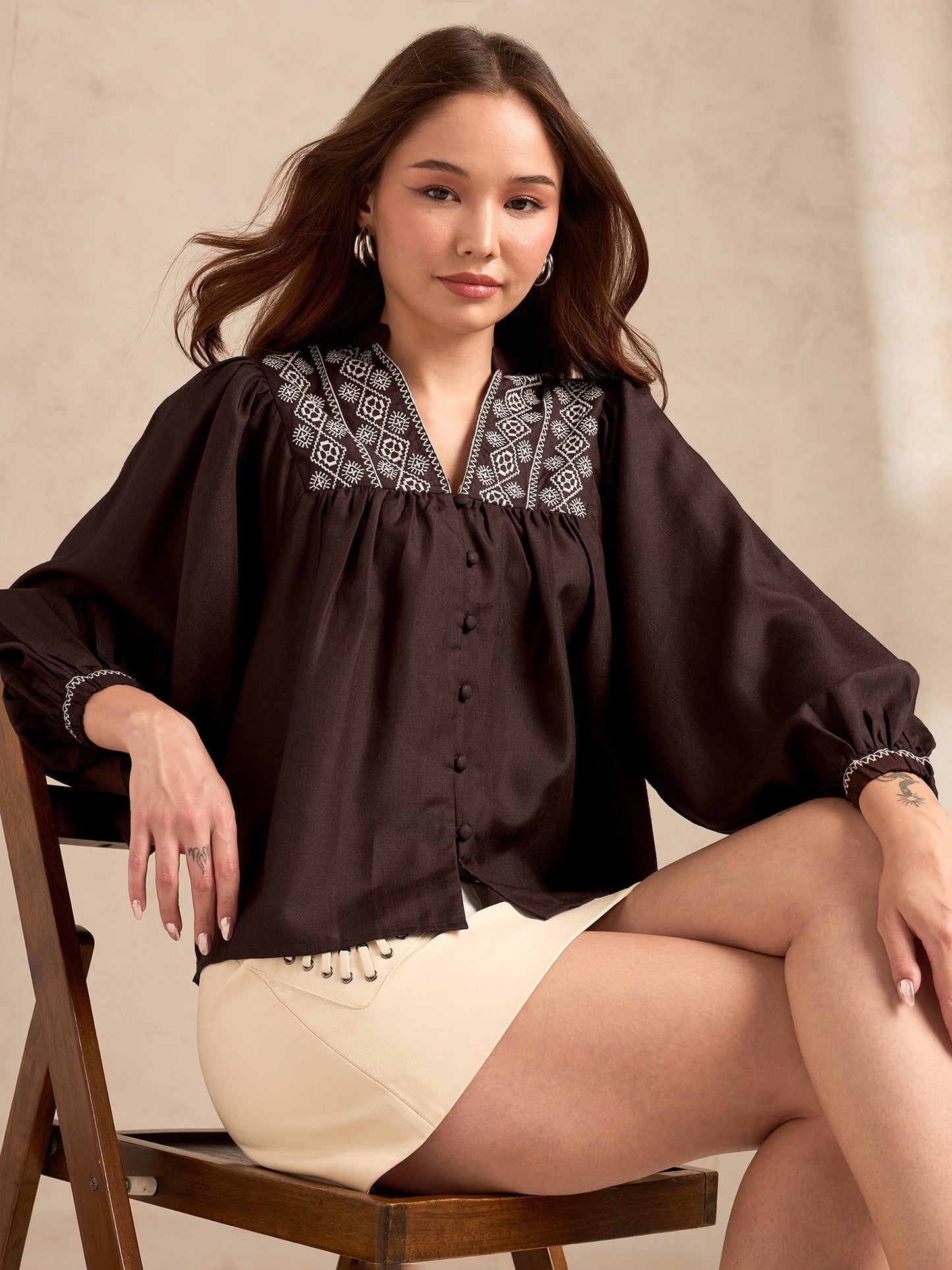 Brown Embroidered Long Sleeves Blouse