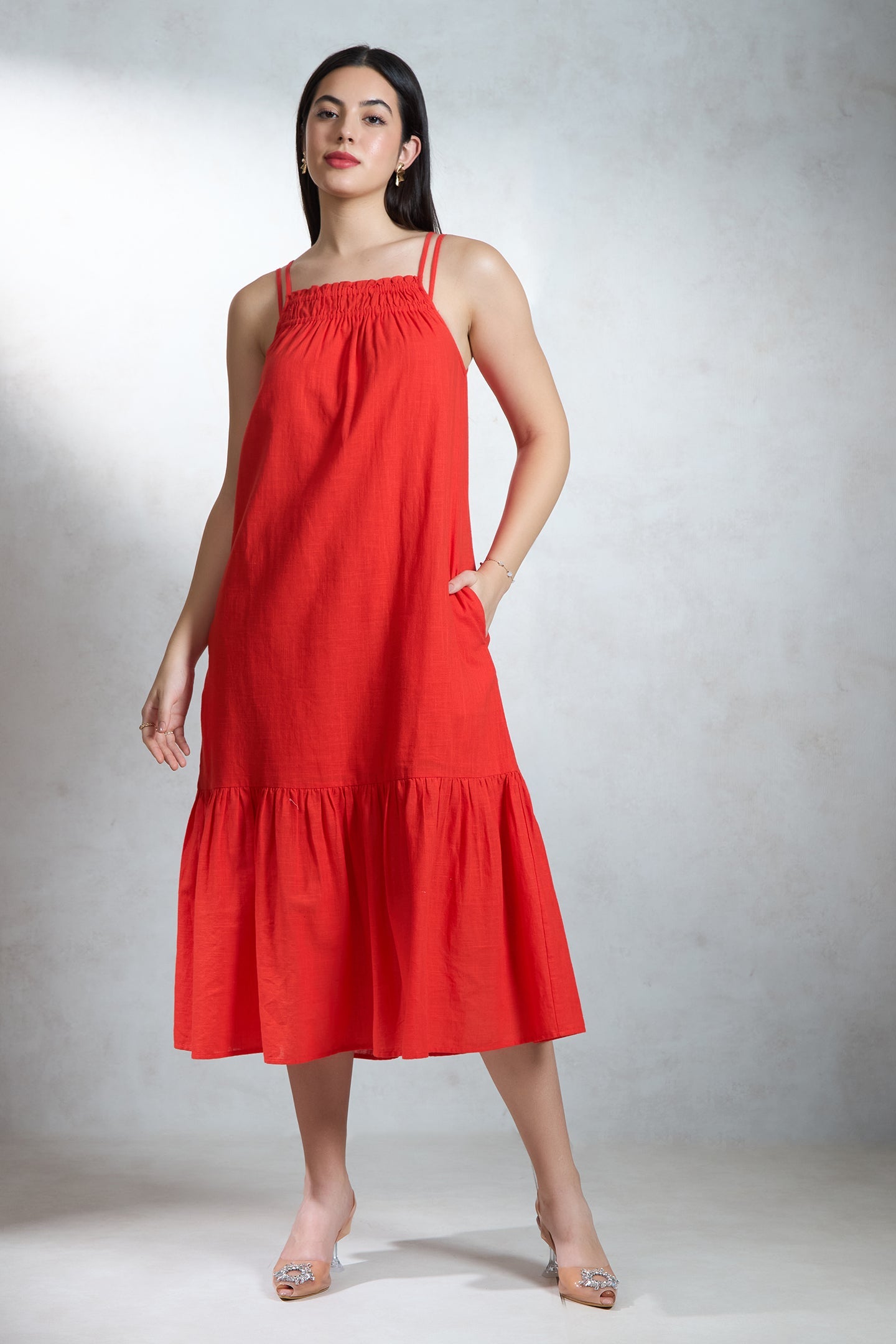 Cotton Coral Midi Dress