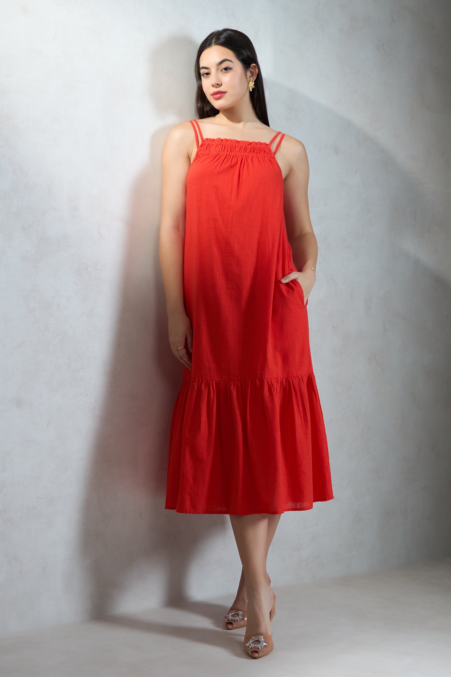 Cotton Coral Midi Dress