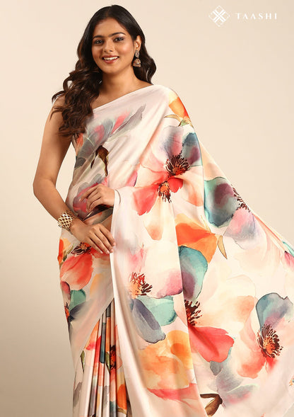 Beige Watercolor Floral Digital Printed Satin Saree