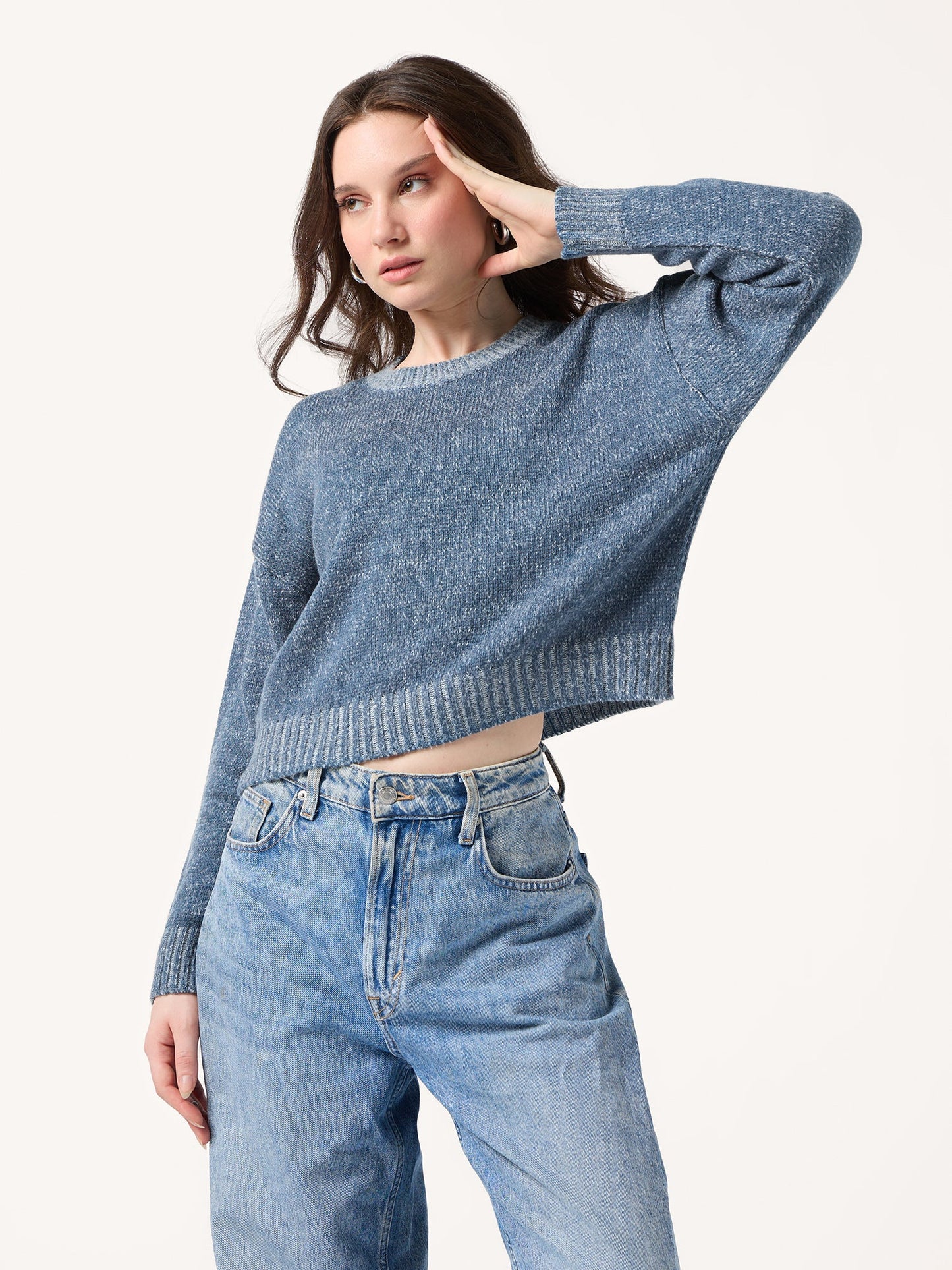 Blue Solid High Neck Sweater