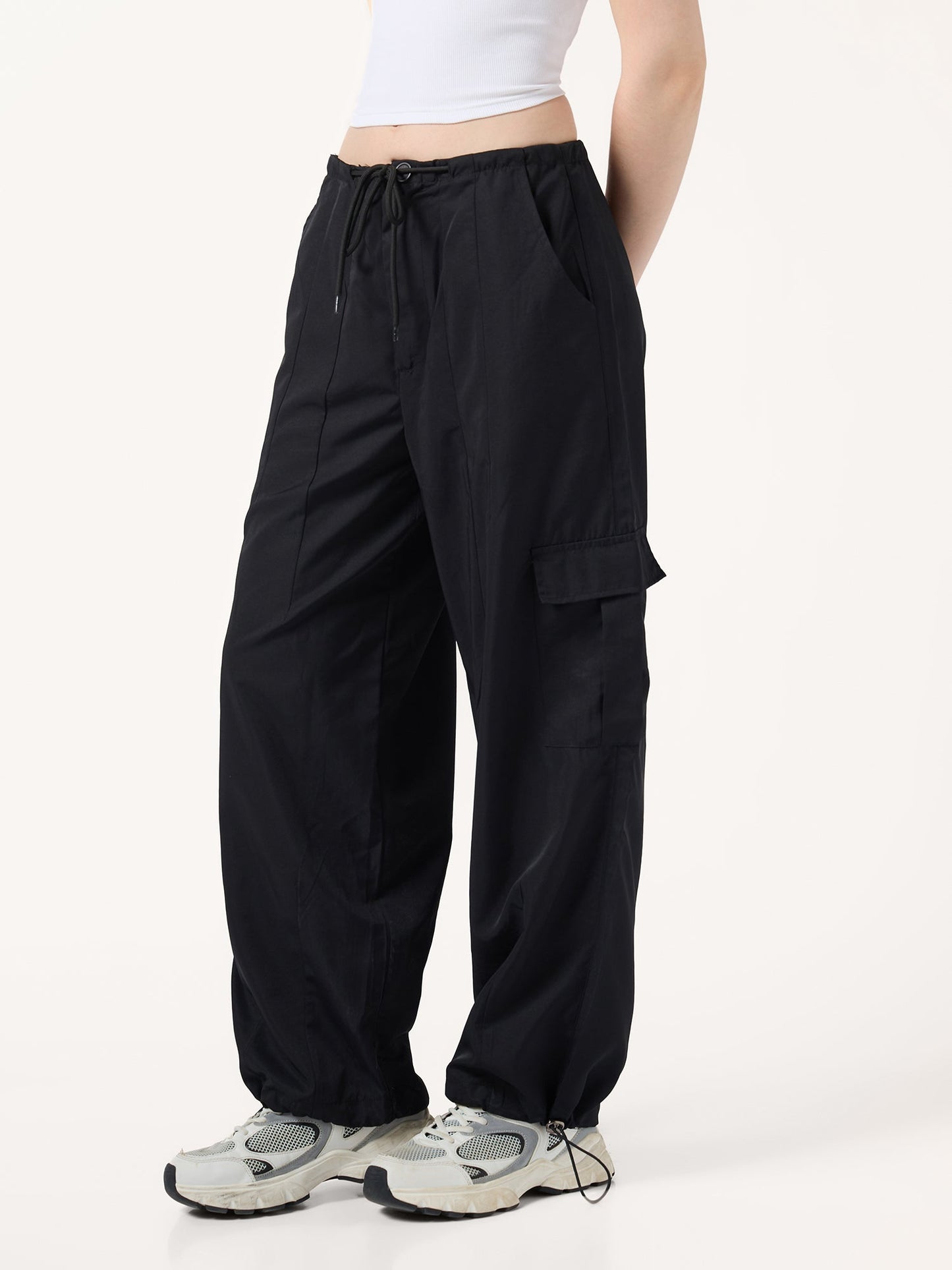 Black Cargo Pockets Drawstring Wid Leg Trouser