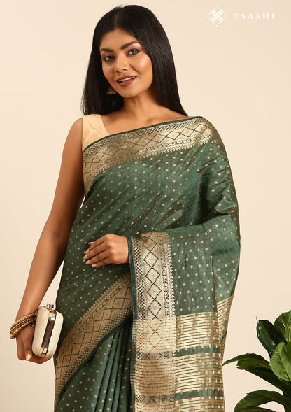 Dark Green Traditional Zari Butta Woven Tussar Saree