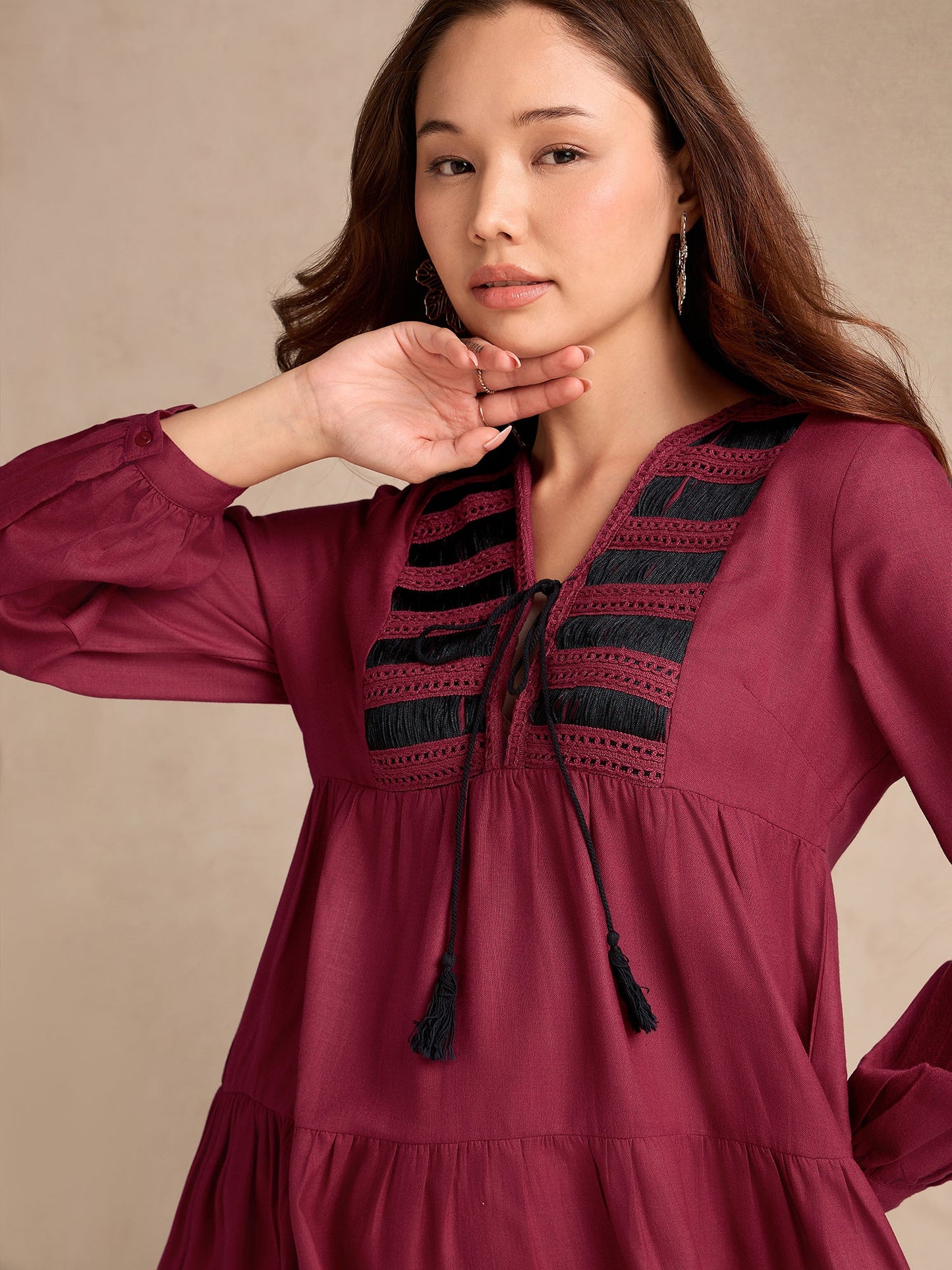 Wine Relaxed Fit Flared Dress With Embroidered On Yoke