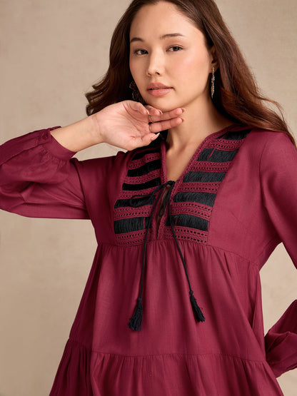 Wine Relaxed Fit Flared Dress With Embroidered On Yoke