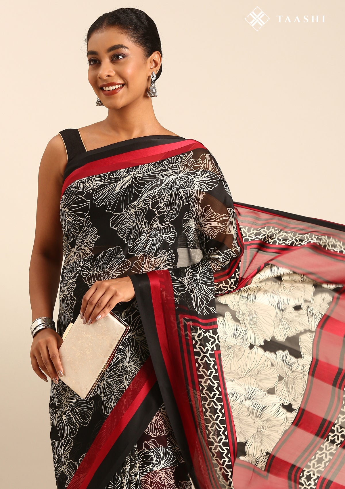 Black Abstract Floral Printed Chiffon Saree
