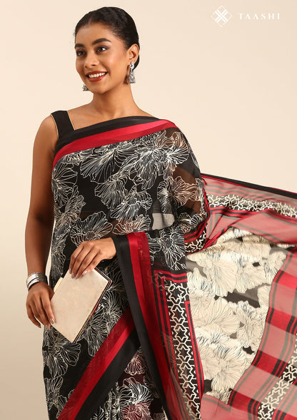 Black Abstract Floral Printed Chiffon Saree