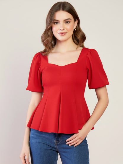 Stretchable Puff Sleeves Peplum Top