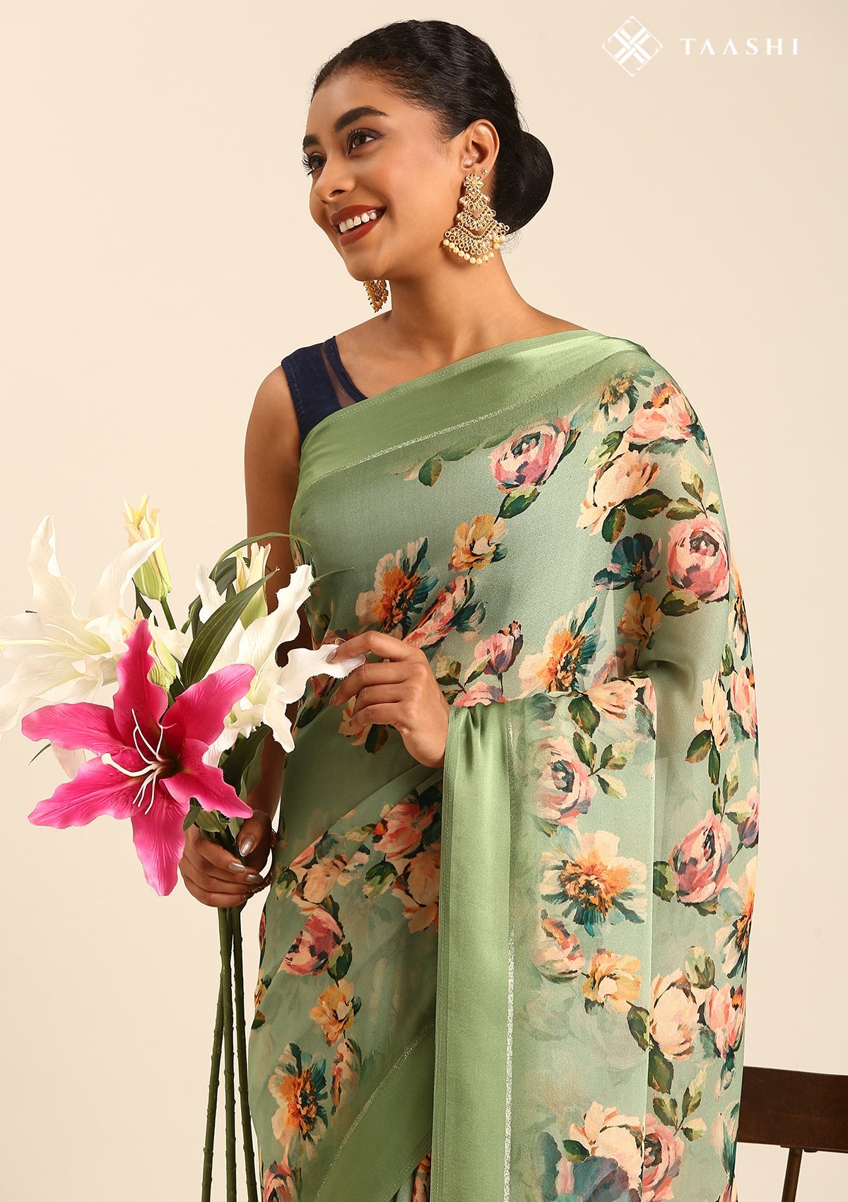 Dusty Green Floral Printed Georgette Saree