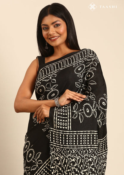 Black Abstract Printed Tussar saree