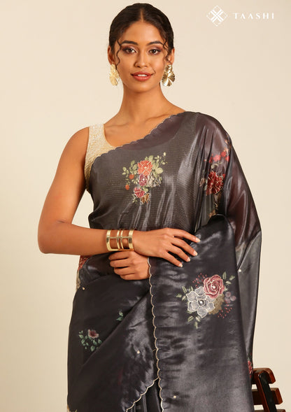 Metallic Charcoal Printed And EmbroideRed Organza Saree