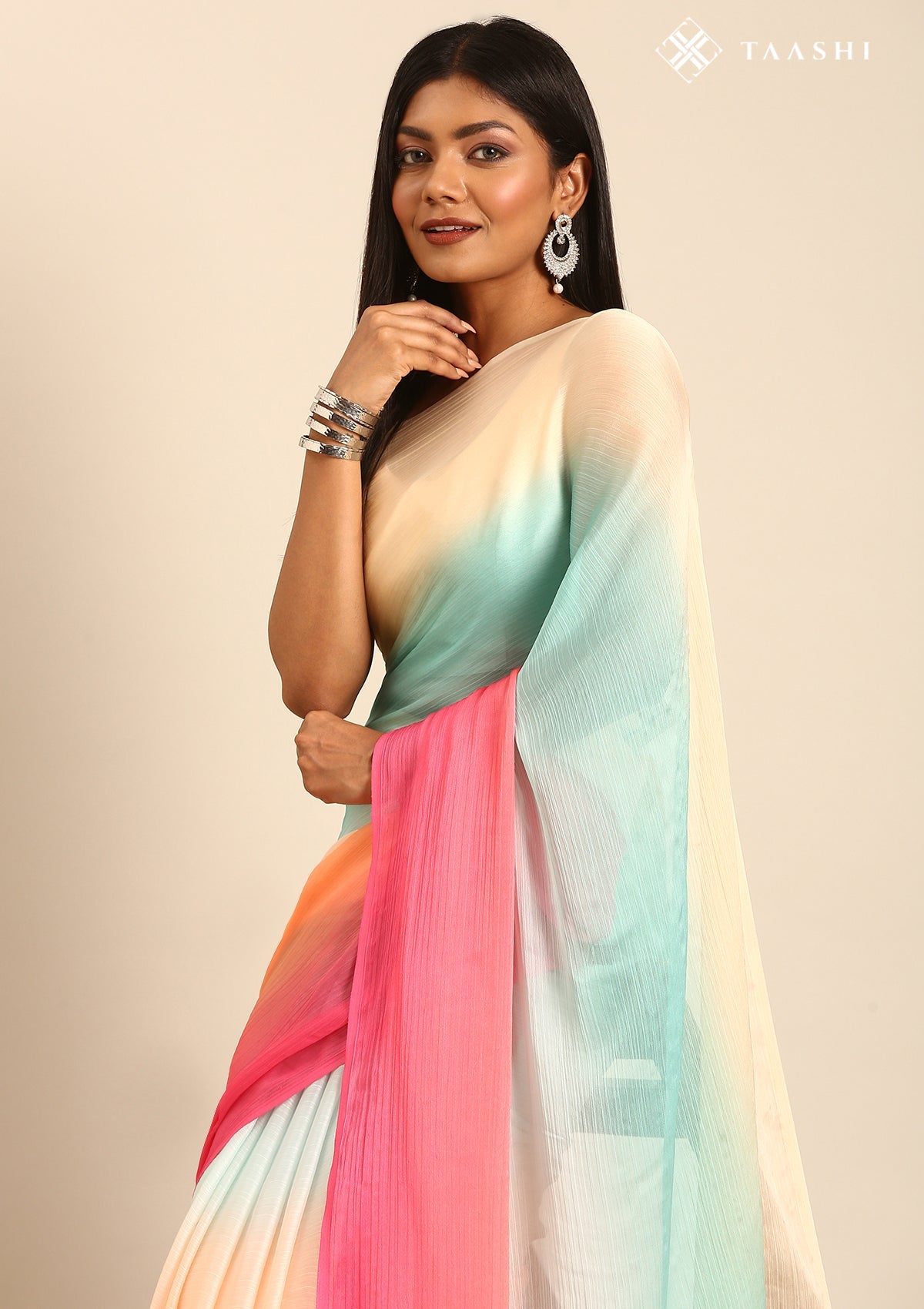 Multicolor Dyed Chiffon Saree