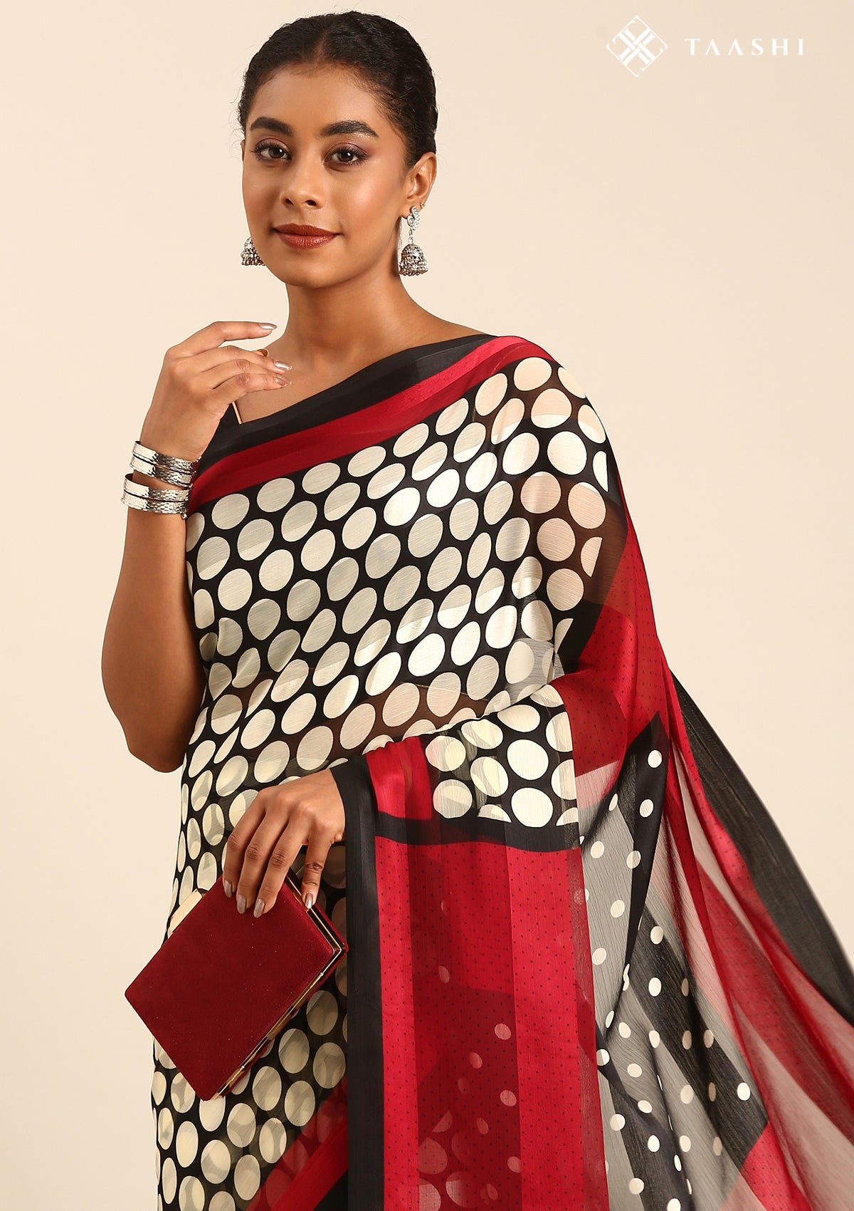 Black And Cream Polkadots Printed Chiffon Saree