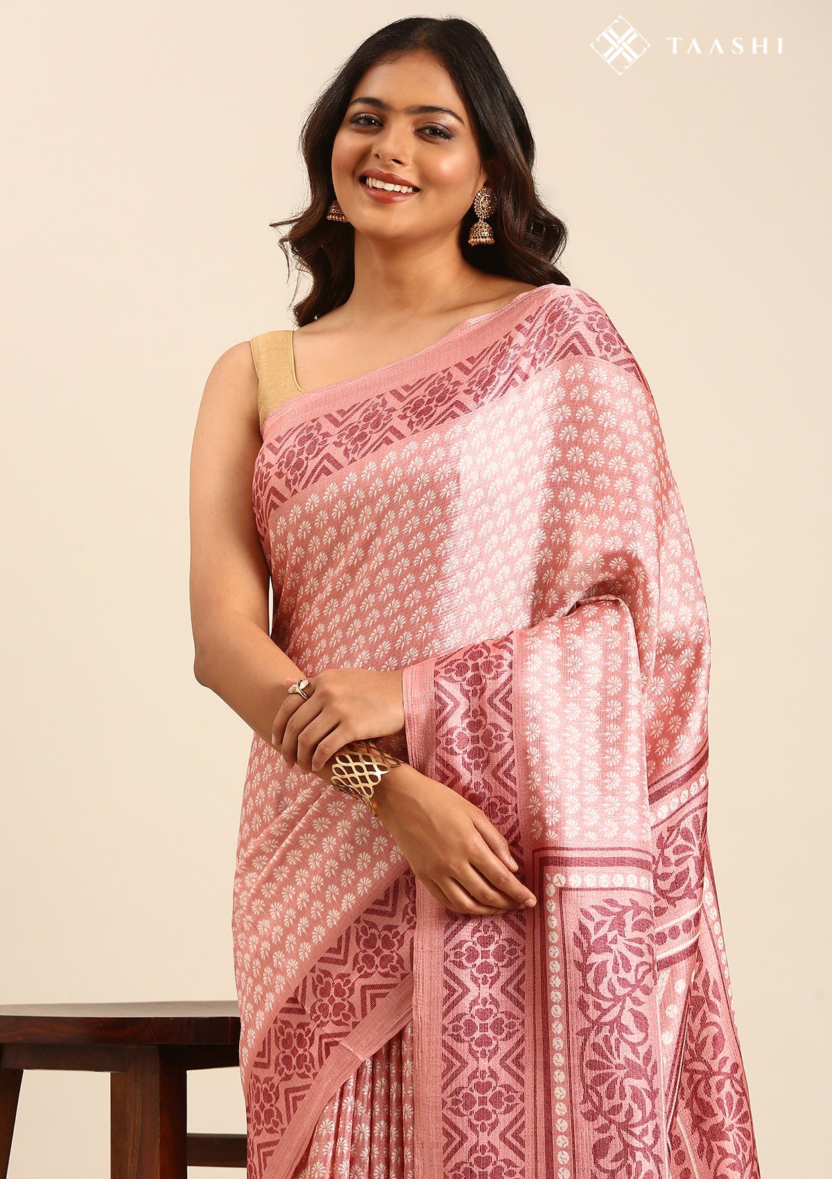 Dusty Pink Butti Printed Art Tussar Matka Silk Saree