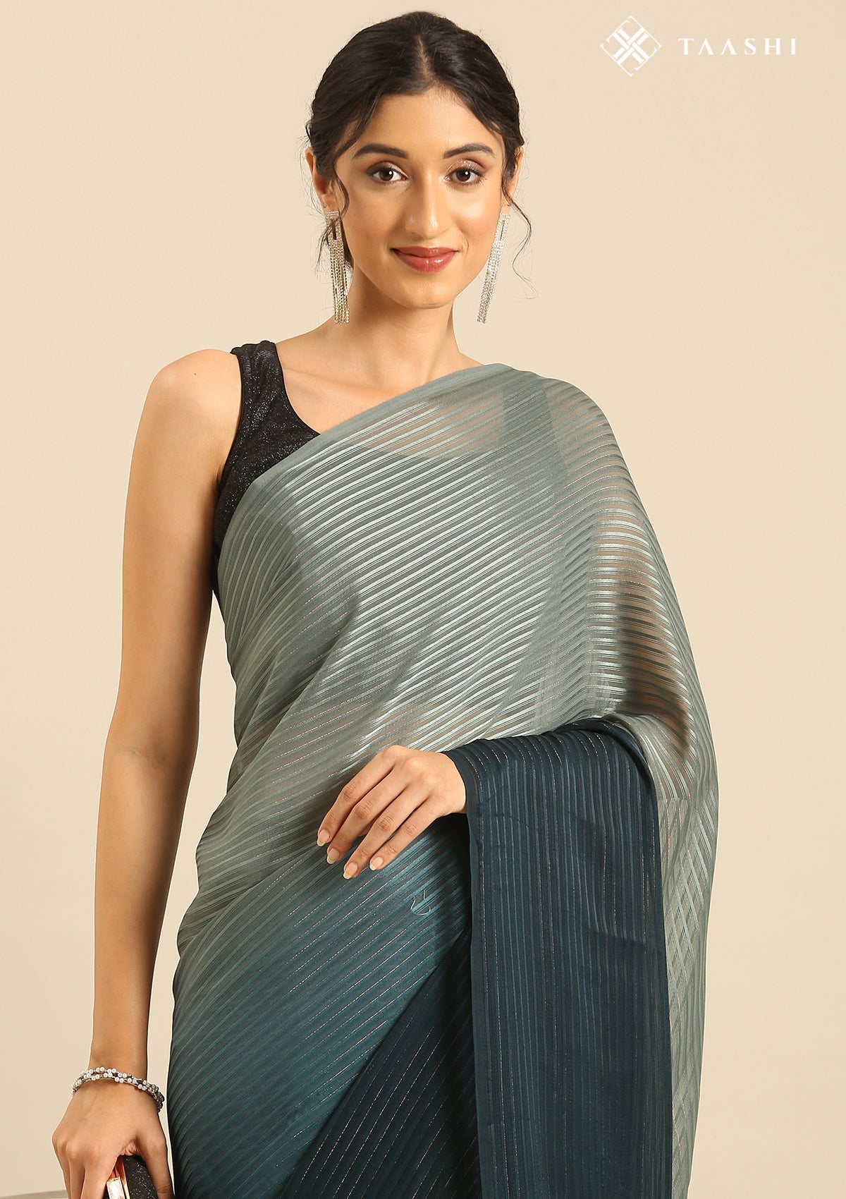 Teal Ombre Metallic Zari Striped Chiffon Saree