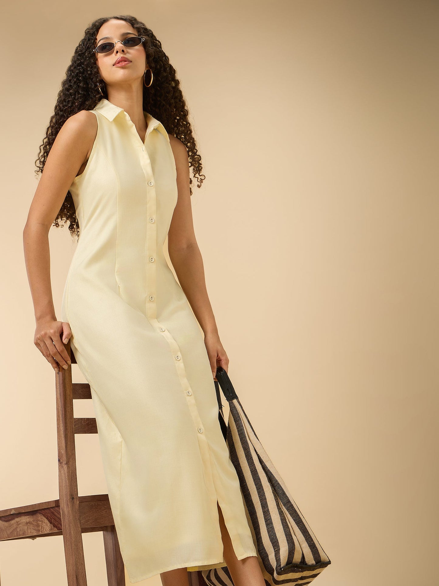 Beige Collar Neck Maxi Dress