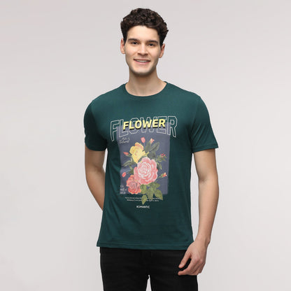 Indo Cotton Men Green Printed Crew Neck T-Shirt
