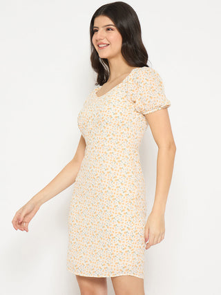 Madame Printed Half Sleeve Yellow Midi Sheath Dress