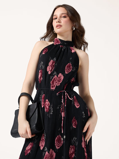 Black Halter Neck Floral Printed Dress