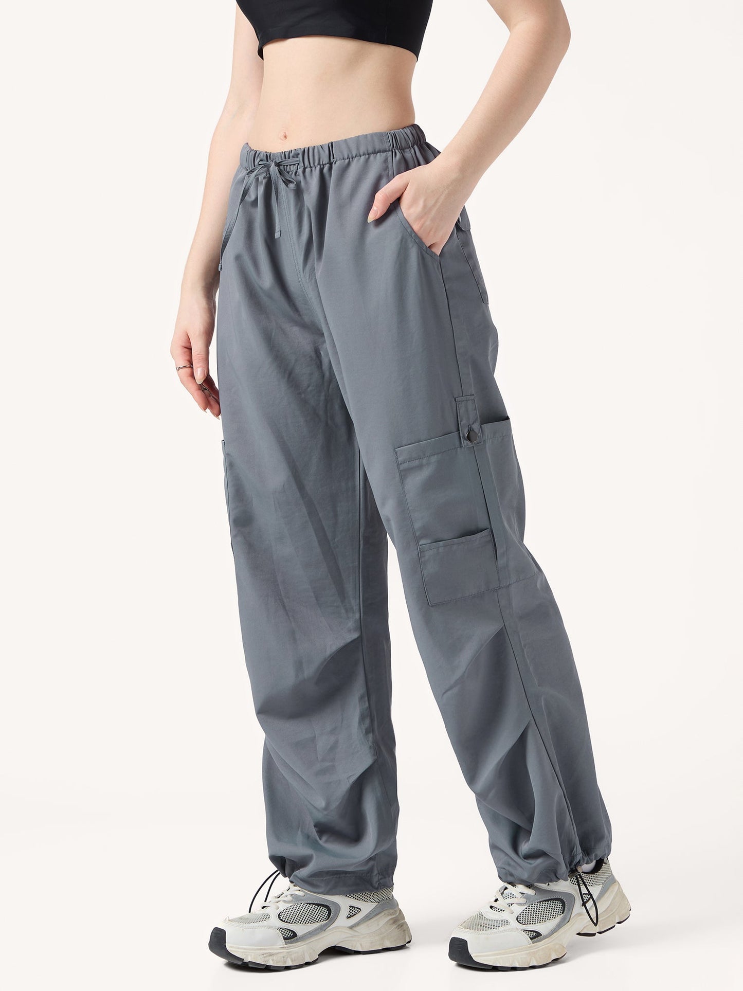 Grey Cargo Pockets Drawstring Wid Leg Trouser