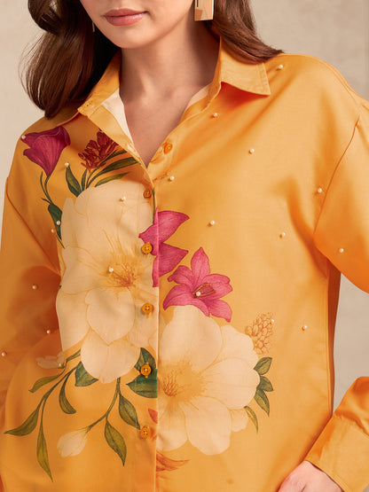 Orange Oversized Printed Shirt With All Over Embellishment